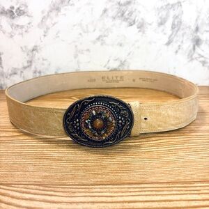 Vintage Elite Accessories Leather Belt with Embellished Brass Buckle Western